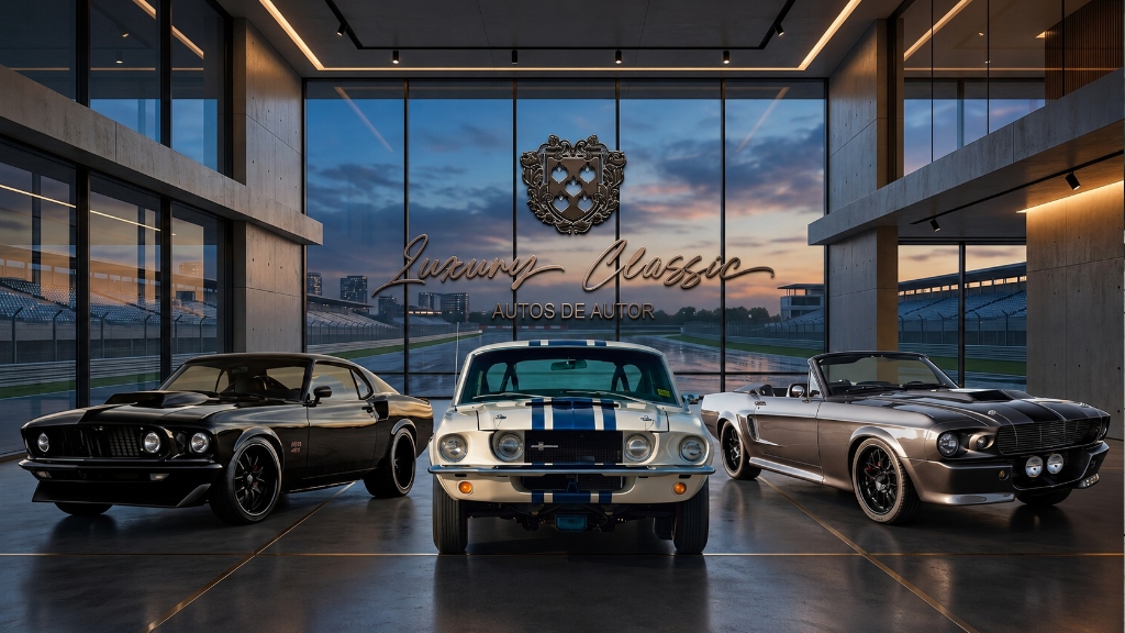 Tres autos clásicos Mustang de Luxury Classic en un salón de exhibición