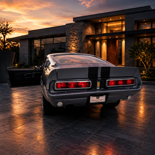 Classic Mustang rear three-bar red glowing tail lights at night