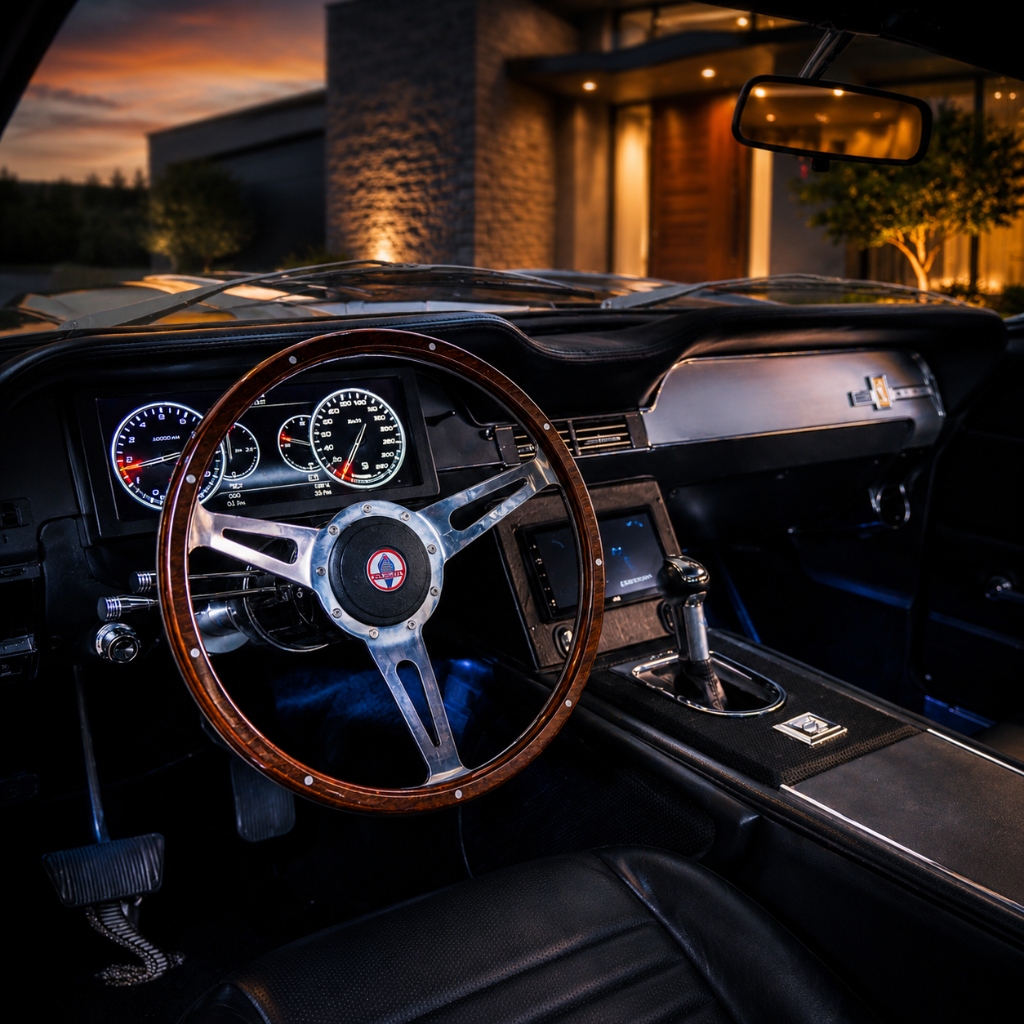 Vintage Mustang steering wheel and leather finish